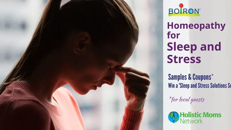 Woman pinching bridge of nose, Homeopathy for Sleep and Stress, Boiron and HMN logo