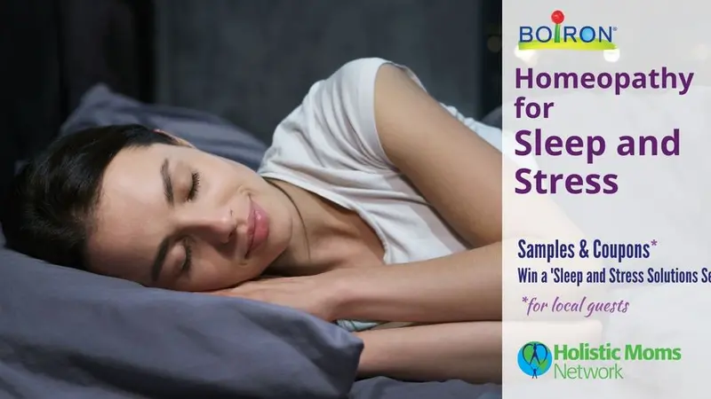Woman sleeping on pillow, Homeopathy for Sleep and Stress, Boiron and HMN logo
