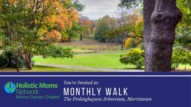 Picture of a forest with text Monthly Gathering - Frelinghuysen Arboretum Holistic Moms Network Morris County, NJ Chapter