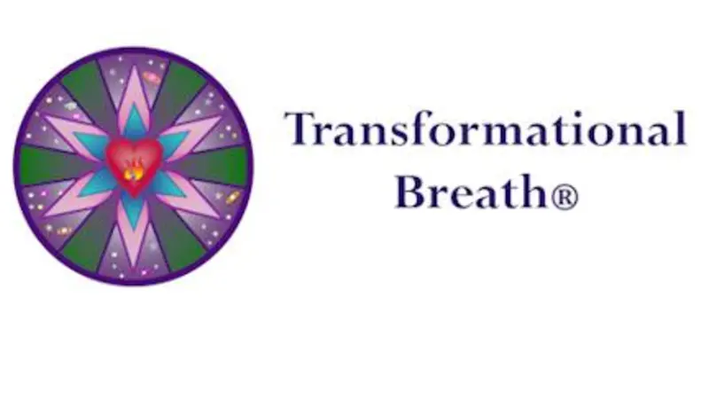 Transformational Breath registered logo, purple, green and blue circular mandala with a fire in a heart and a star in the middle