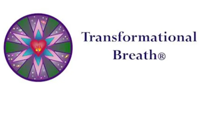 Transformational Breathwork Transformational Breath registered logo, purple, green and blue circular mandala with a fire in a heart and a star in the middle