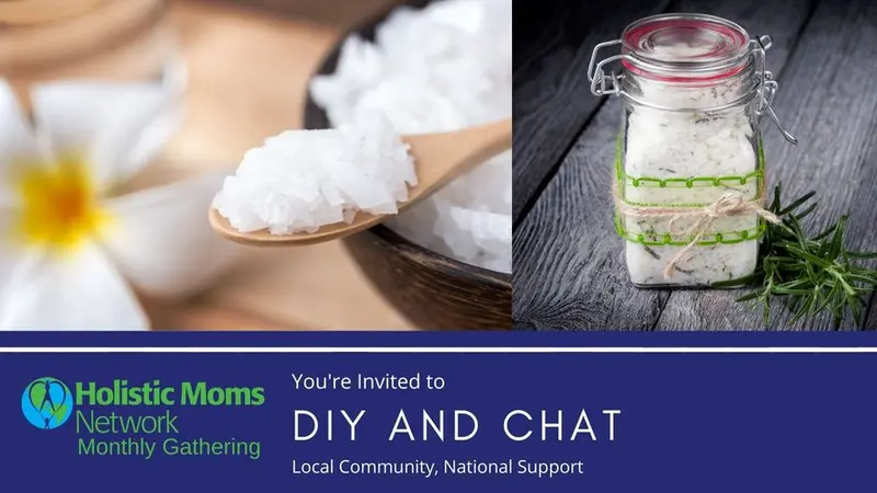 Photo of a wooden spoon with salt on a bowl with flower in background on left, on right a small jar filled with salt scrub wrapped with twine. Bottom HMN logo and text You are invited to DIY and Chat