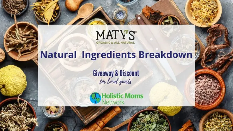 Natural Ingredients Breakdown *With Gifts from Maty's* table set with a variety of wooden bowls filled with herbs. White square background with HMN and Maty's Logo and event information