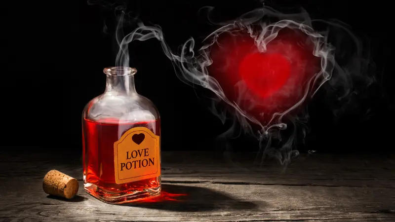 Love potion is red in a bottle. The fragrance of the elixir evaporates and draws from the smoke a heart symbol.