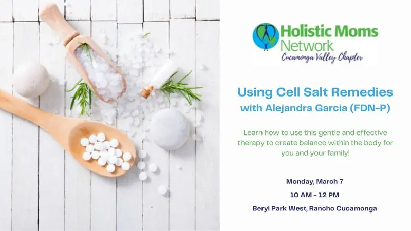 Using Cell Salt Remedies with Alejandra Garcia (FDN-P) white painted wood boards with wooden scoop and spoon filled with remedies, HMN logo and event information on right