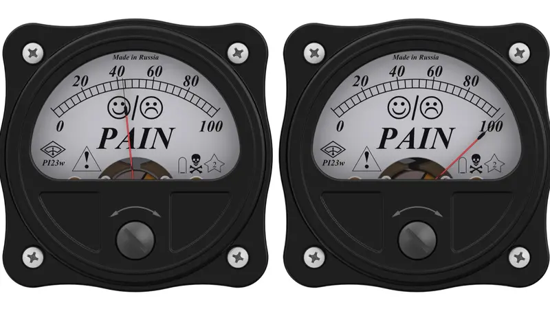 Indicator of pain. Set of black analog indicators showing the level of PAIN in percentage. 3D illustration
