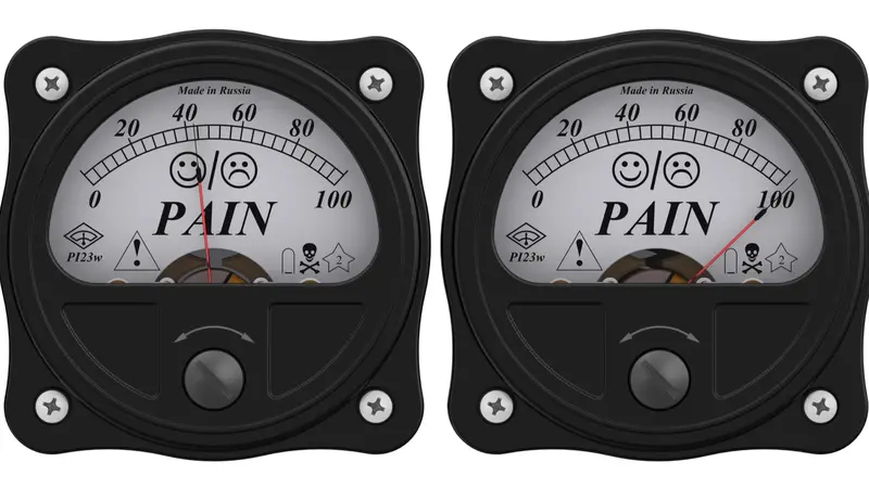 Indicator of pain. Set of black analog indicators showing the level of PAIN in percentage. 3D illustration Indicator of pain. Set of black analog indicators showing the level of PAIN in percentage. 3D illustration
