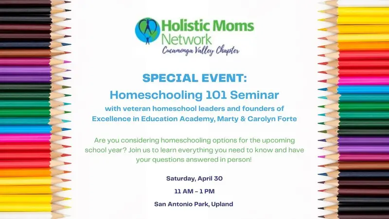 Homeschooling 101 Seminar white background, colored pencils lining both sides points in. HMN Logo with event details in text in middle.