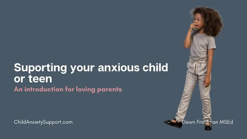 Child Anxiety 101 grey background with white text on left hand size, Supporting your anxious child or teen, an introduction for loving parents. Image of a worried child on the right. At bottom childanxietysupport.com and Dawn Friedman MSEd
