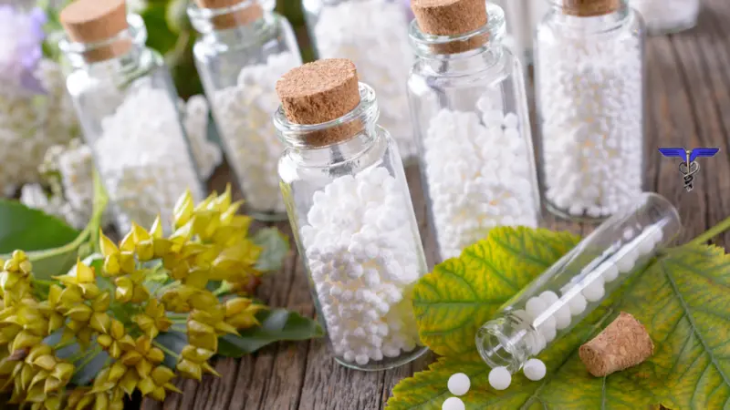 Homeopathic lactose sugar globules in glass bottles with plants