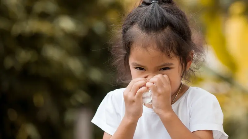Little Asian girl with seasonal allergies wiping or cleaning nose with tissue on her hand