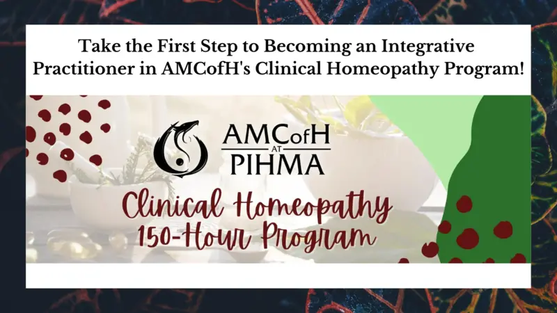 Clinical Homeopathy 150-Hour Program Homeopathic pearls spilling out of a bottle with artsy graphics and text for the course