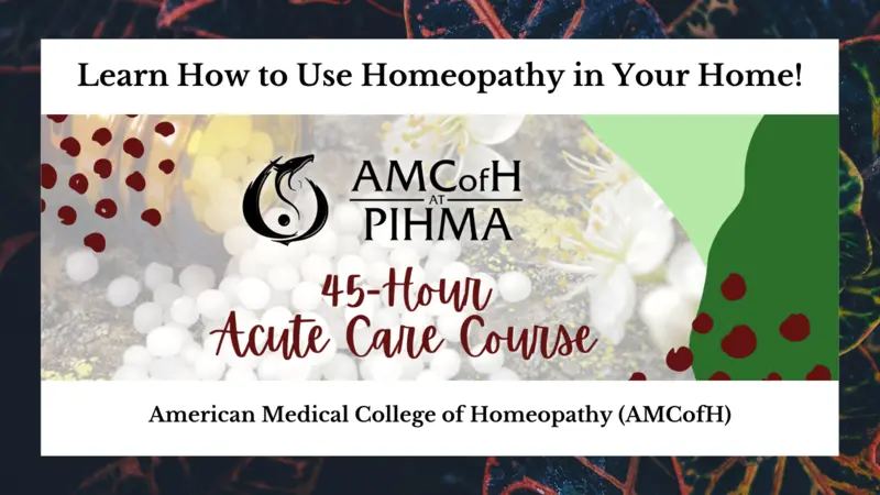 45-Hour Acute Care Course in Homeopathy Homeopathic pearls spilling out of a bottle with artsy graphics and text for the course