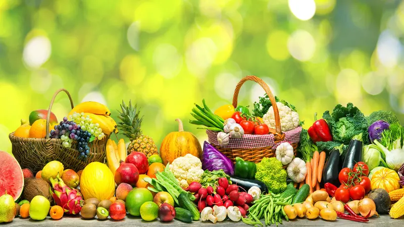 Fresh vegetables and fruits background Fresh vegetables and fruits background