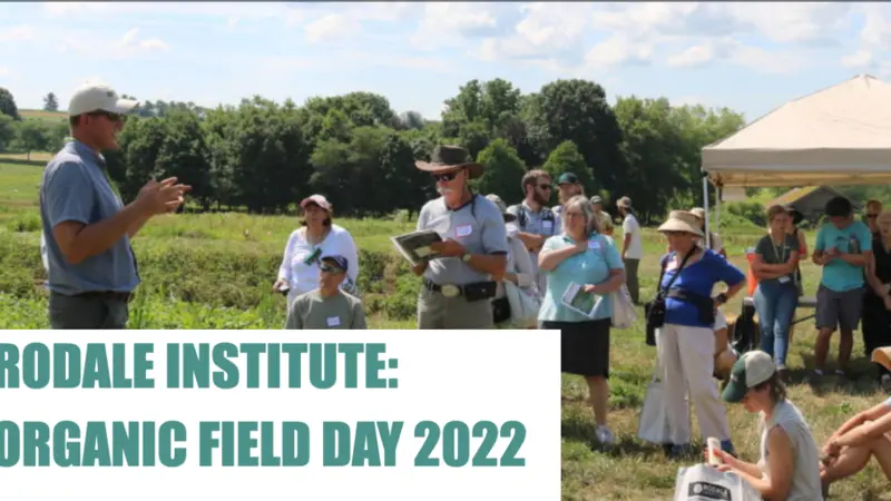 Rodale Institute worker speaking to a group of people who are listening and taking notes while standing in a crop field 