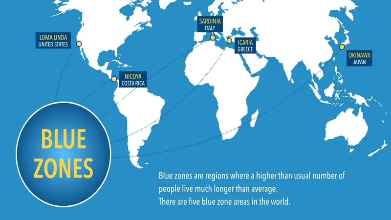 Map of the blue zones of longevity where people live longer than the rest of the world