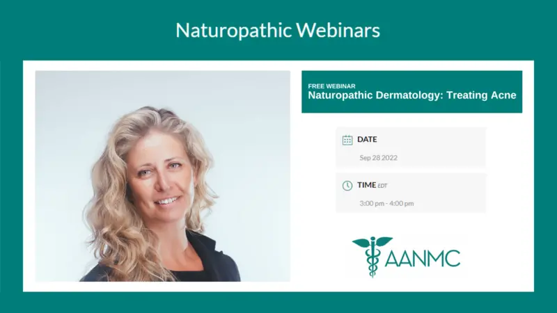Naturopathic Dermatology: Treating Acne Photo of smiling blonde woman with clear skin next to text of event details
