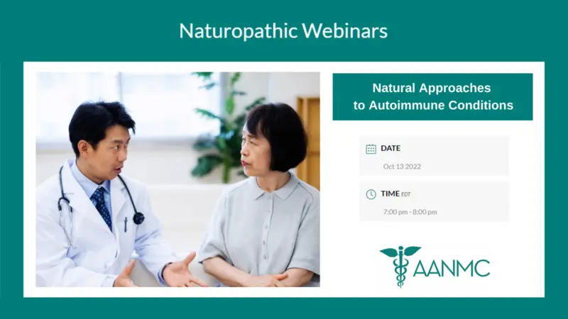 Natural Approaches to Autoimmune Conditions Photo of male doctor speaking to older female patient next to text of event details