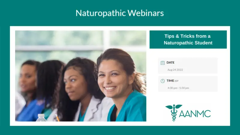 Tips and Tricks from a Naturopathic Student Photo of several smiling med students next to text of event details