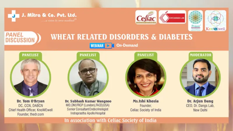 Wheat Related Disorders and Diabetes Orange and yellow banner image showing panelists, moderator, and details for this event