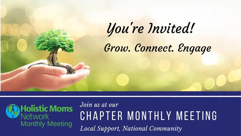 Image of hands holding a tree, with You're Invited Grow, Connect, Engage at the top. Text with Chapter Monthly Meeting Local Support National Community 