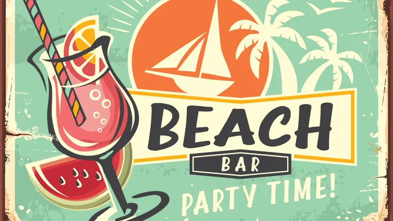 Beach bar cocktail party retro poster layout