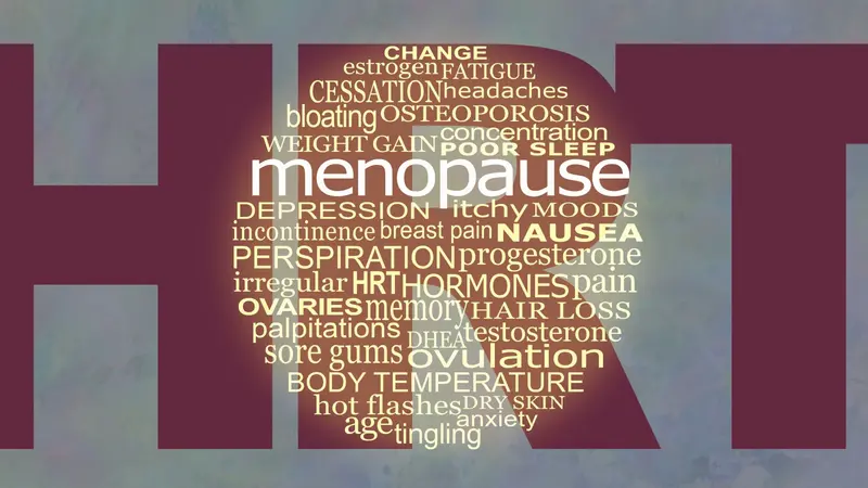 Menopause and HRT word bubble campaign background banner - circular word cloud relevant to menopause