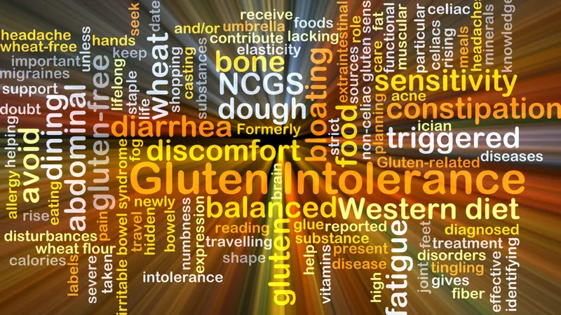 Background concept wordcloud illustration of gluten intolerance glowing light