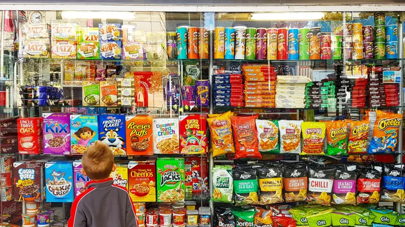 A little boy is looking at the colorful snacks shelf in a supermarket