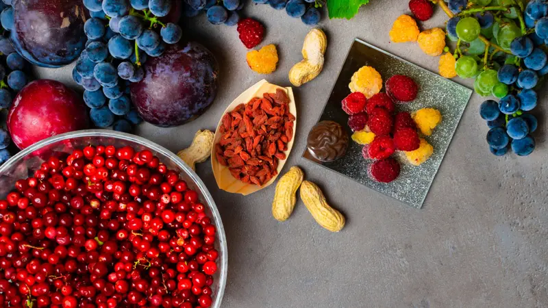 Mix of fresh fruits and berries, rich with resveratrol Mix of fresh fruits and berries, rich with resveratrol