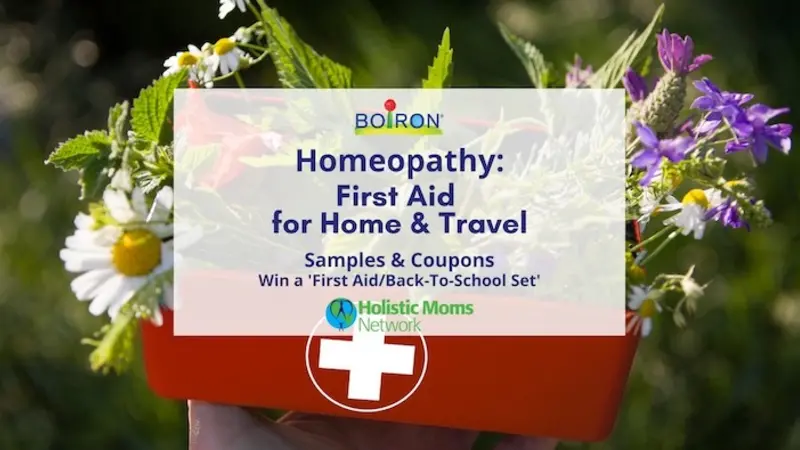 Homeopathy First Aid for Home and Travel. Samples and Coupons. Background image is wildflowers in a red box 