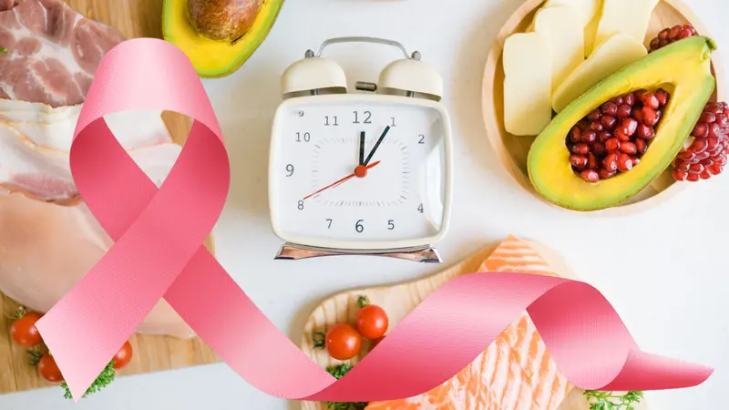 Intermittent fasting alarm clock and Keto diet food ingredients with Breast Cancer Awareness ribbon