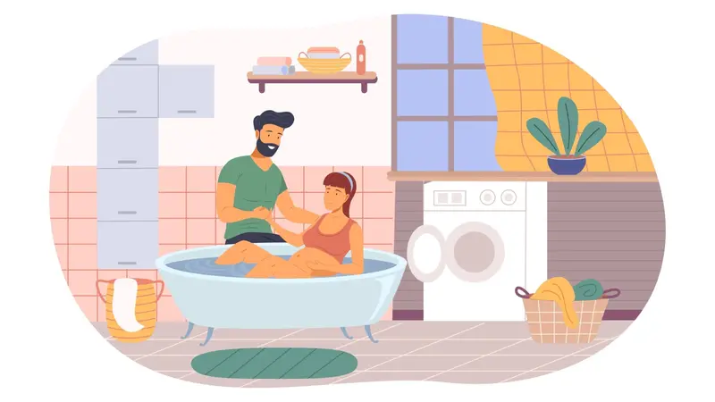 Woman lying in bath waiting for giving birth in bathroom interior. Woman lying in bath waiting for giving birth in bathroom interior.