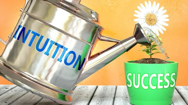 Intuition helps achieving success - pictured as word Intuition on a watering can to symbolize that Intuition makes success grow 