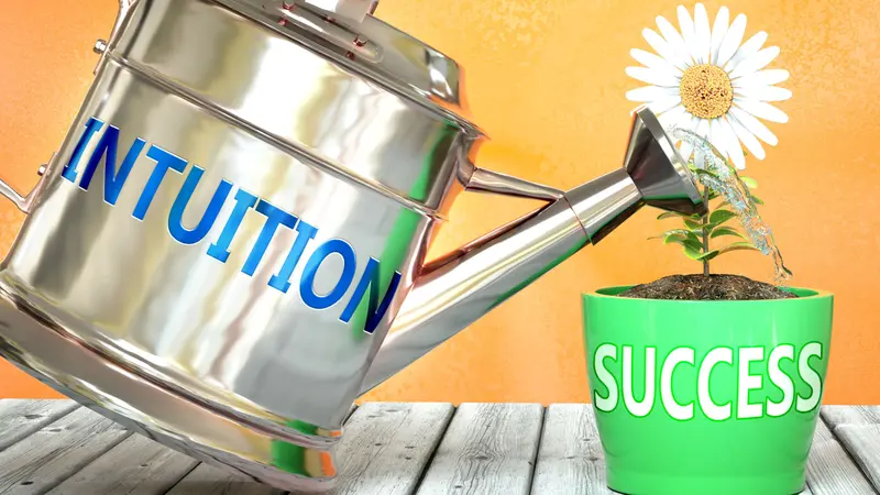 Intuition helps achieving success - pictured as word Intuition on a watering can to symbolize that Intuition makes success grow Intuition helps achieving success - pictured as word Intuition on a watering can to symbolize that Intuition makes success grow