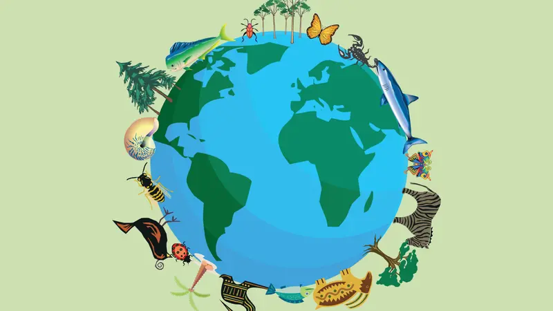 Planet earth with animals and plants for biodiversity