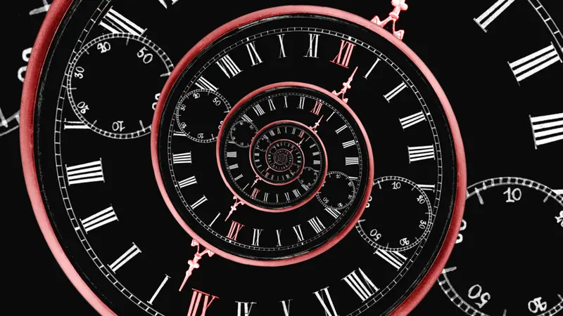 Looks like reversed infinity time spiral, digital generated image with red clock arrow and 12 number Looks like reversed infinity time spiral, digital generated image with red clock arrow and 12 number
