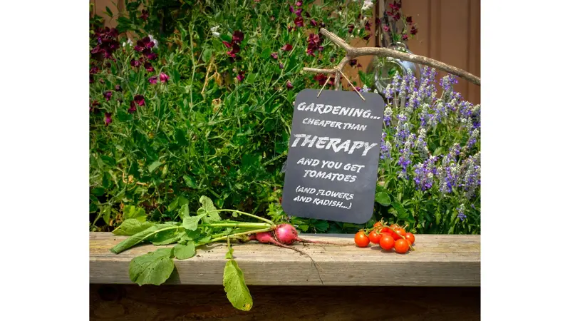 Gardening therapy sign in a garden Gardening therapy sign in a garden