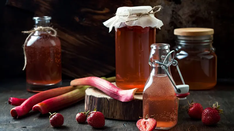 Homemade fermented strawberry and rhubarb kombucha. Homemade fermented strawberry and rhubarb kombucha.