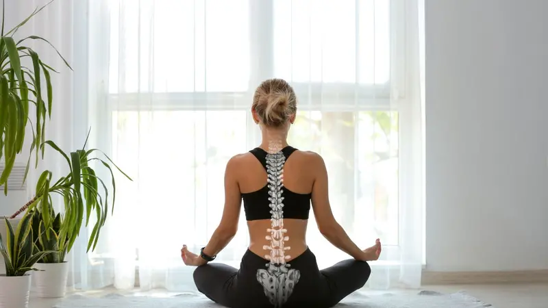 Young woman with good posture meditating at home, back view Young woman with good posture meditating at home, back view