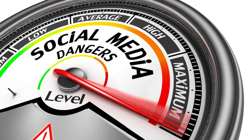 Social media dangers level to maximum modern conceptual meter Social media dangers level to maximum modern conceptual meter