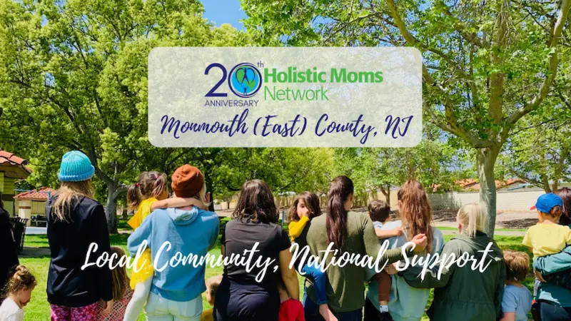 Green Trees at the top, with women standing in a line holding their babies. Holistic Moms Network Monmouth County East, NJ Chapter. 