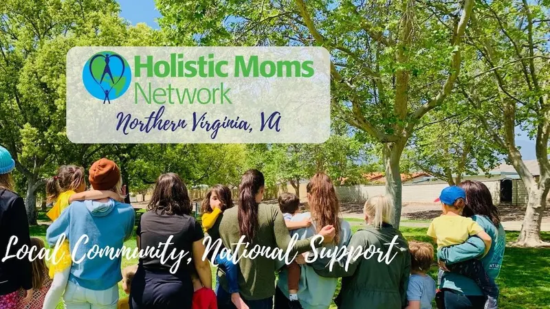 Green Trees at the top, with women standing in a line holding their babies. Title of Chapter: Holistic Moms Network Northern Virginia, VA Chapter