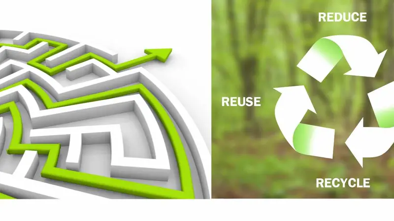Challenge success concept: labyrinth solution / reduce, reuse, recycle, ecology Challenge success concept: labyrinth solution / reduce, reuse, recycle, ecology