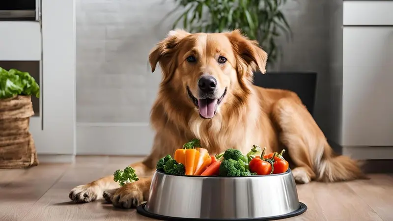 Dog with bowl of vegetables Dog with bowl of vegetables