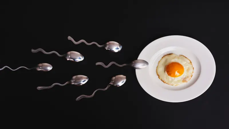 Conception of fertilization. Fried egg in white plate, and spoons look like spermatozoons floating to ovule Conception of fertilization. Fried egg in white plate, and spoons look like spermatozoons floating to ovule