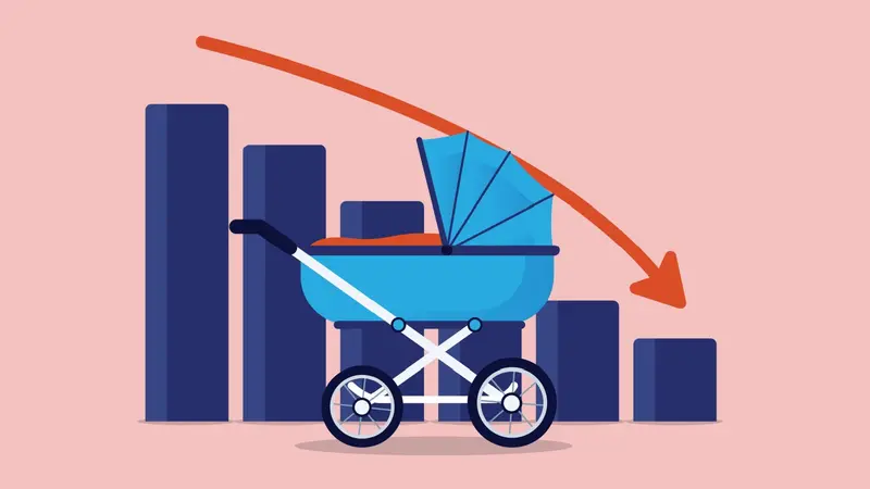 Fertility rate decline - Baby stroller in front of graph diagram with red arrow pointing down. Metaphor for low fertility rate problem. Fertility rate decline - Baby stroller in front of graph diagram with red arrow pointing down. Metaphor for low fertility rate problem.