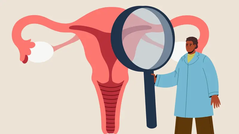 Vector illustration of a doctor using a large magnifying glass to examine an illustrated cervix for HPV Vector illustration of a doctor using a large magnifying glass to examine an illustrated cervix for HPV