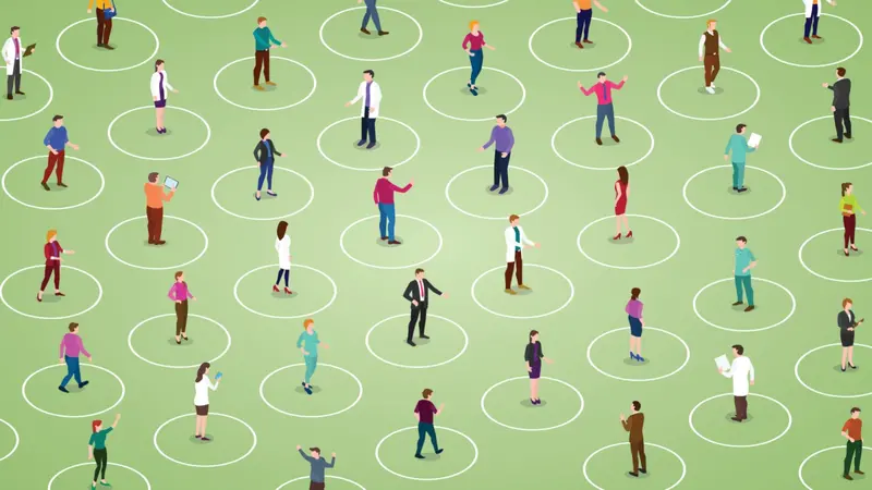 illustration of many people each standing in their own circle, not interacting with each other. Illustration of Social Isolation. illustration of many people each standing in their own circle, not interacting with each other. Illustration of Social Isolation.