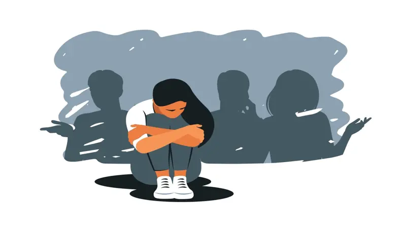 Sad woman struggles with loneliness and solitude in crowd. Sad woman struggles with loneliness and solitude in crowd.